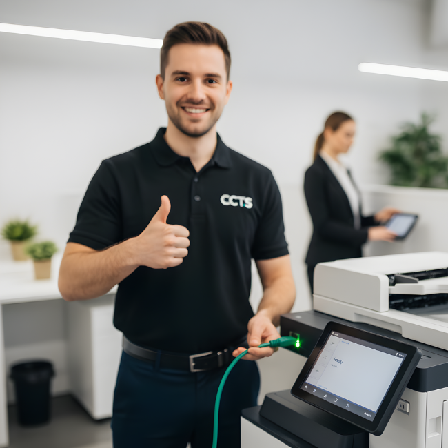Certified technician finishing rapid setup of a multifunction printer (MFP) rental in a Los Angeles office.