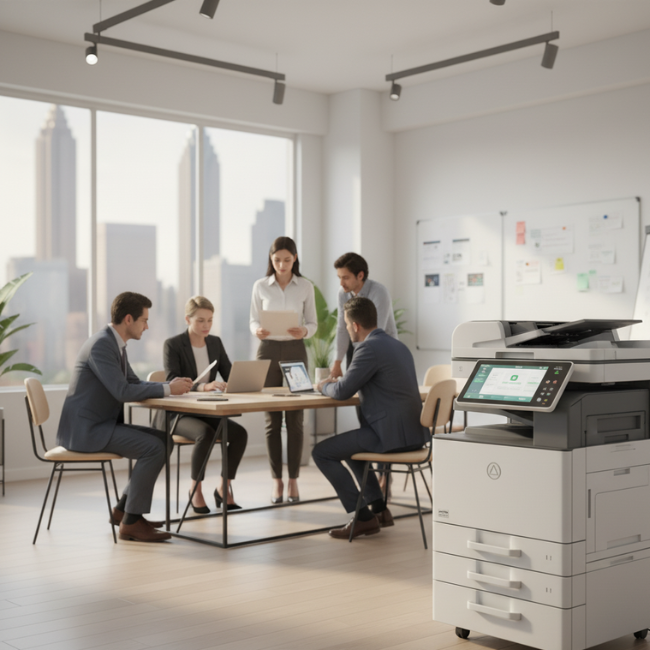 Professionals focused on a meeting while a reliable copier rental operates efficiently in the background, illustrating zero downtime.