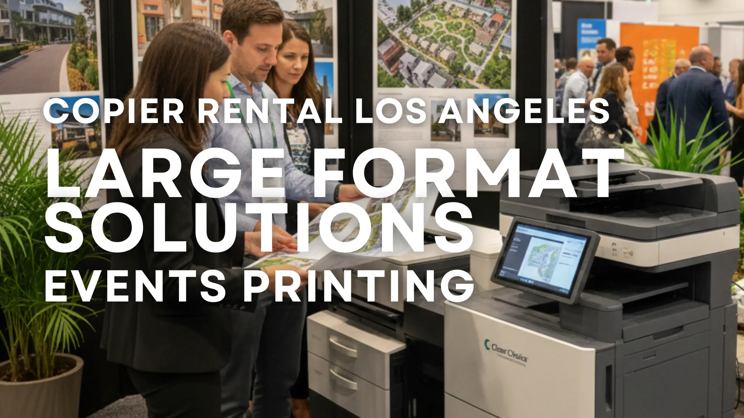 Large-format plotter or high-speed copier rental from Clear Choice Technical Services set up at an exhibitor booth, providing professional blueprints and visual plans for FutureScape USA in Los Angeles