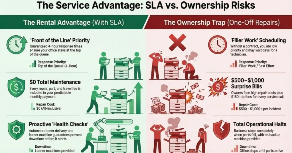 Comparison chart for Los Angeles offices showing rental benefits like guaranteed 4-hour response times versus ownership risks like $1,000 surprise repair bills.
