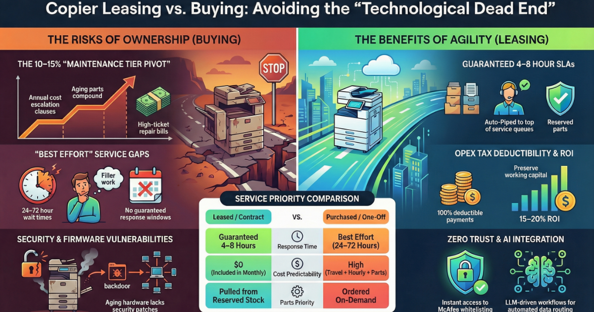 Infographic for Los Angeles businesses comparing copier ownership risks like 10-15% cost escalation versus leasing benefits like 4-8 hour SLAs.