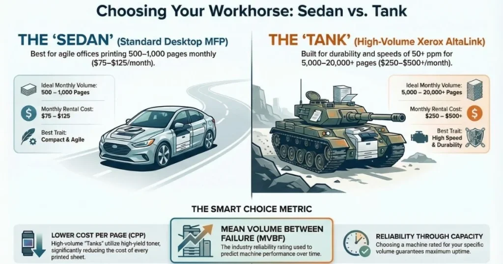 A visual comparison for Los Angeles business owners between compact desktop MFPs and high-volume Xerox AltaLink "tanks" based on monthly page volume.