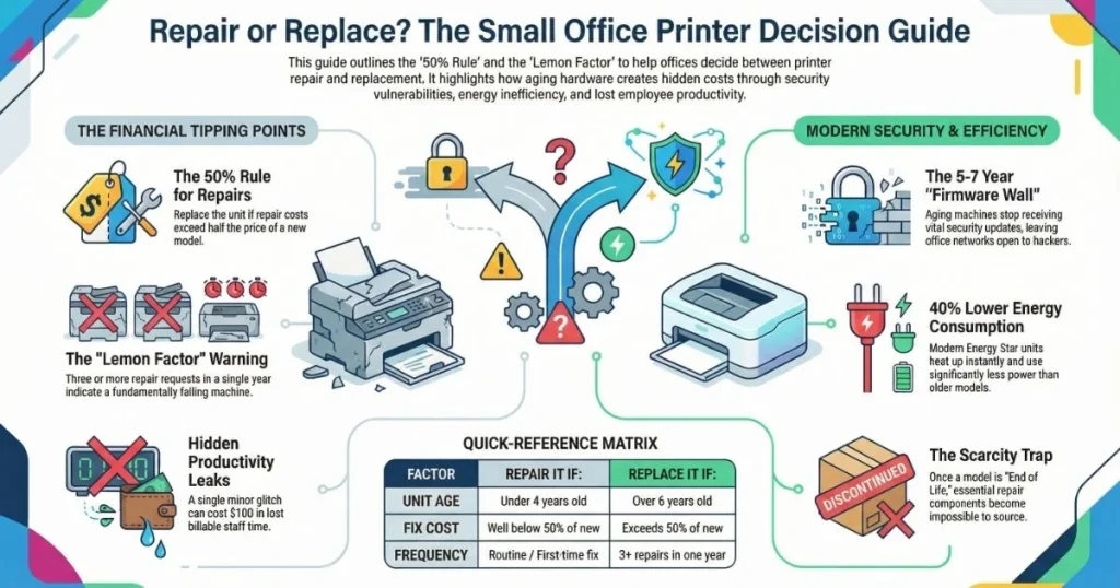 Infographic illustrating the financial tipping points for Printer Repair in Los Angeles, featuring a quick-reference decision matrix.