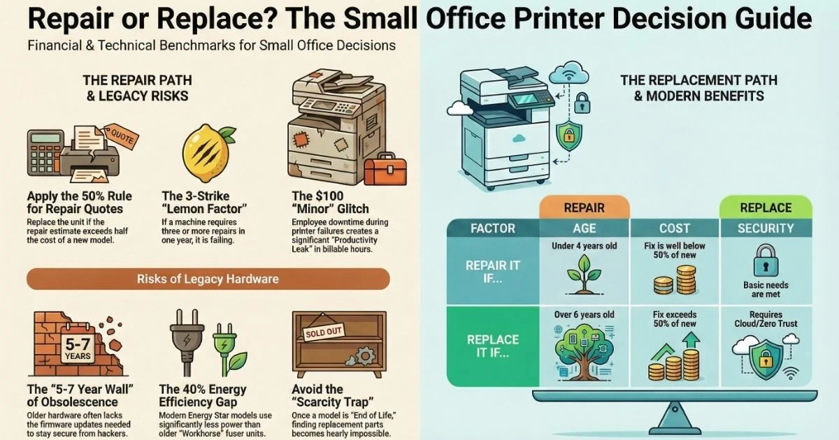 A decision guide for Los Angeles businesses on Printer Repair, detailing the 50% rule, 3-strike lemon factor, and productivity leak costs.
