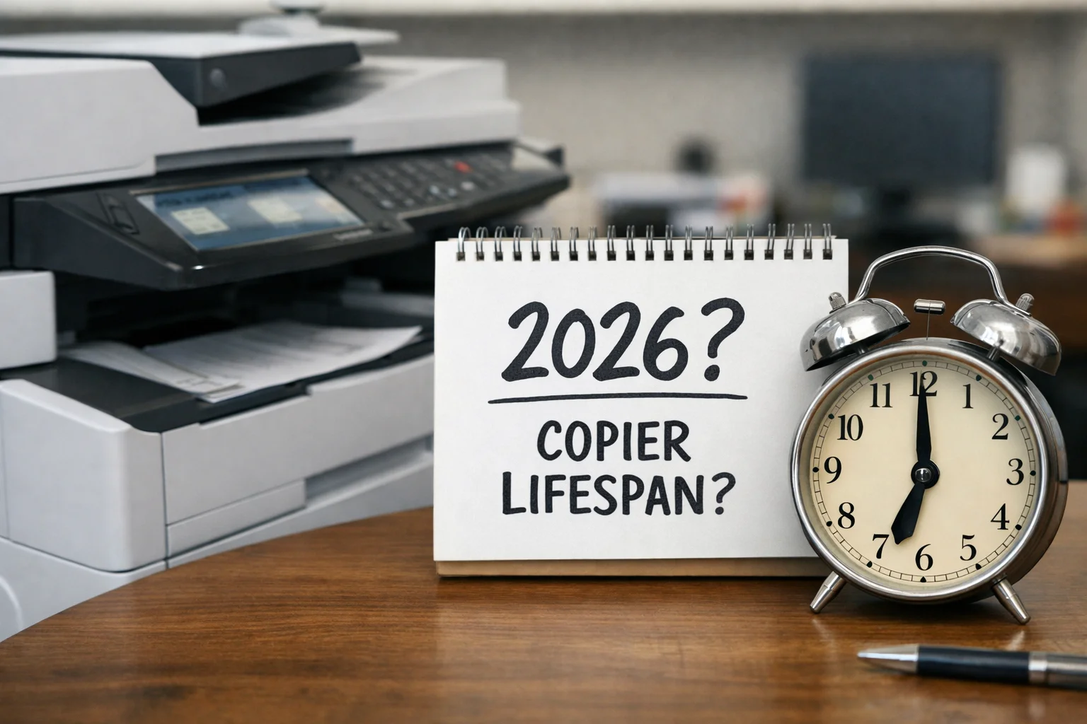 A desktop calendar and alarm clock next to an office copier questioning average machine lifespan for Los Angeles businesses in 2026.