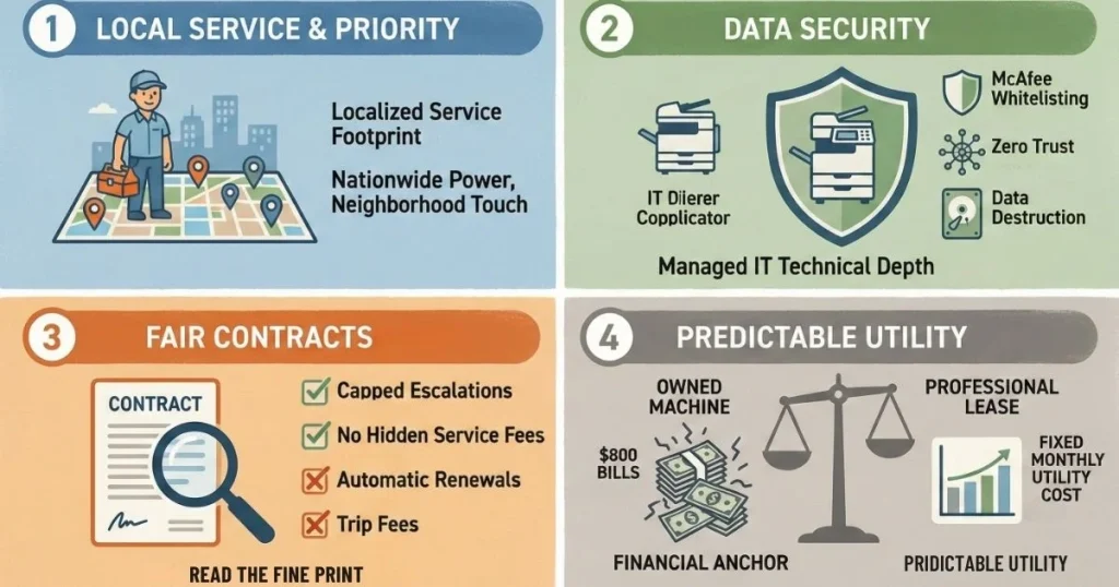 Four-step guide to a Reliable Copier Lease in Los Angeles, covering local service footprints, Data Security, Fair Contracts, and Predictable Utility.