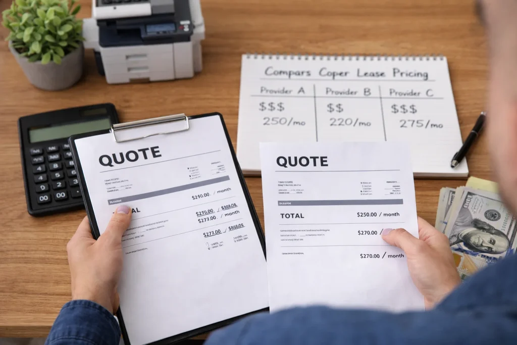 Close-up of an office manager at 601 South Figueroa Street reviewing copier lease pricing quotes and comparing FMV vs. $1 Out ownership options.