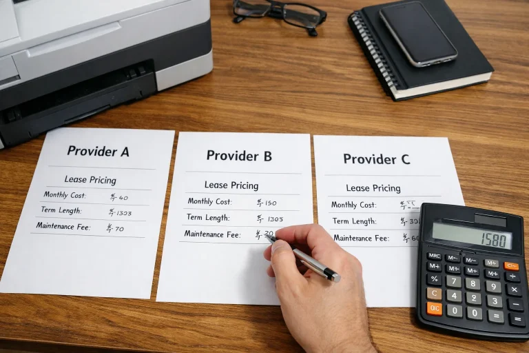 A business professional in Los Angeles comparing copier lease pricing quotes from three different providers with a calculator and office hardware.