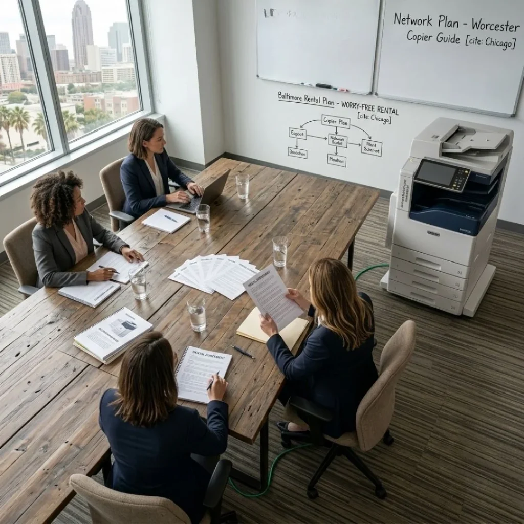 Business professionals in a Los Angeles high-rise office reviewing a worry-free copier rental plan and network guide.