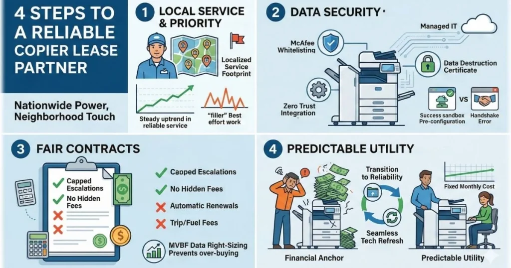 Comparison chart for a Reliable Copier Lease in Los Angeles, showcasing 4-hour response times, McAfee whitelisting, and no hidden service fees.