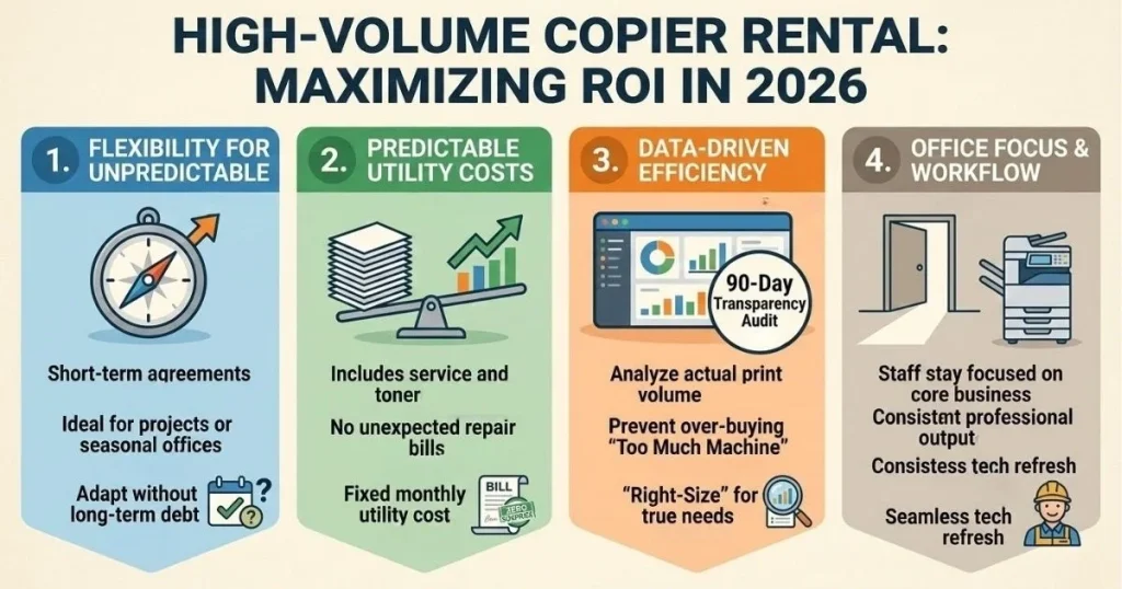 Four-step guide to maximizing ROI and managing Copier Rental Cost in Los Angeles through 90-day transparency audits and data-driven efficiency.