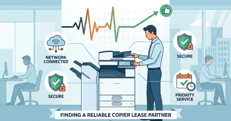A professional technician providing a Reliable Copier Lease in Los Angeles, featuring 4-hour SLAs, secure network connectivity, and priority service.