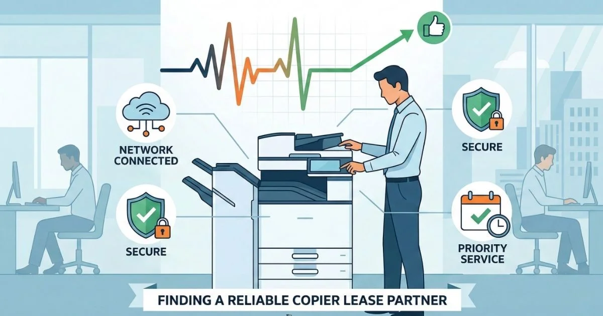 A professional technician providing a Reliable Copier Lease in Los Angeles, featuring 4-hour SLAs, secure network connectivity, and priority service.