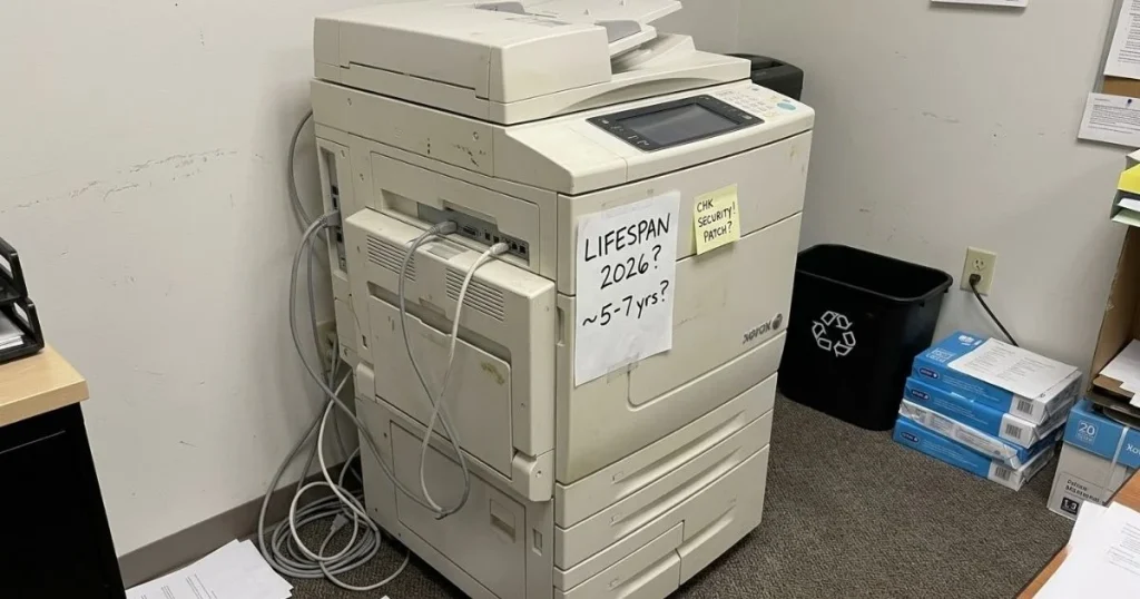 An older Xerox copier in a Los Angeles office corner with a handwritten note regarding its 2026 lifespan and security patch requirements.