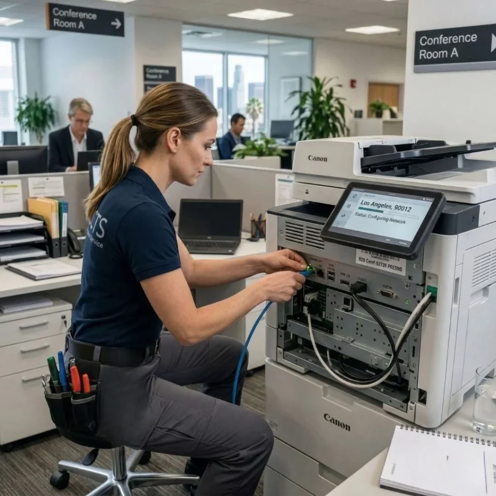 A female technician in a Los Angeles office performing a secure network IP configuration for a Canon copier.