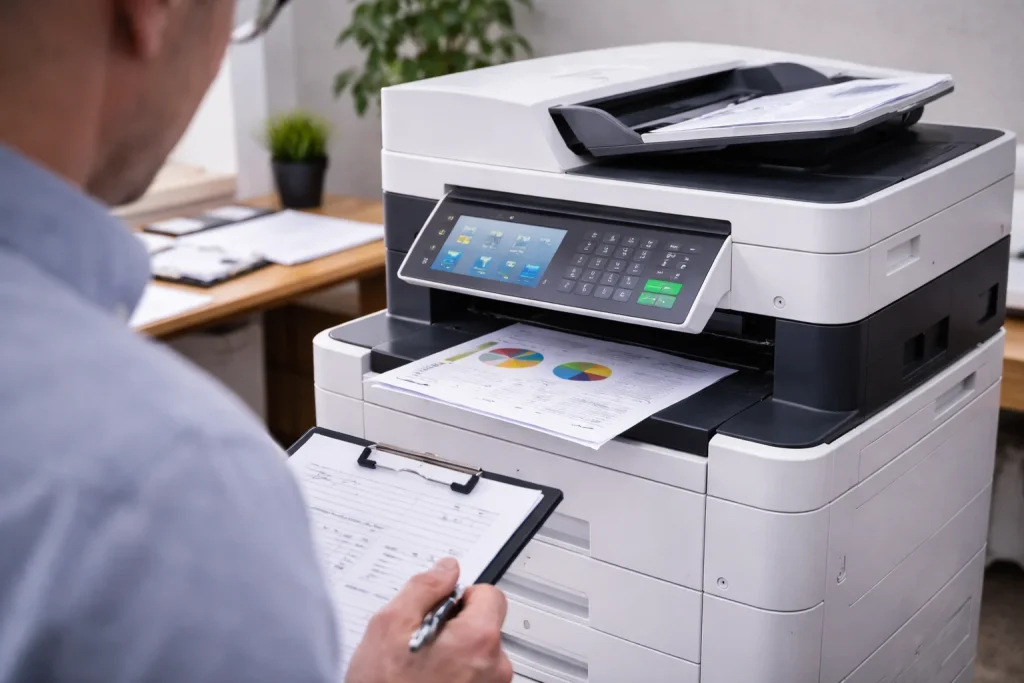An office worker at 601 South Figueroa Street reviewing high-quality color charts from enterprise-grade multifunction copiers.