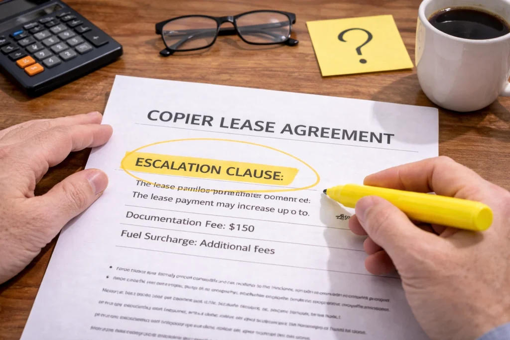 Hand highlighting a clause in a Los Angeles Copier Lease Agreement to ensure all terms are understood.