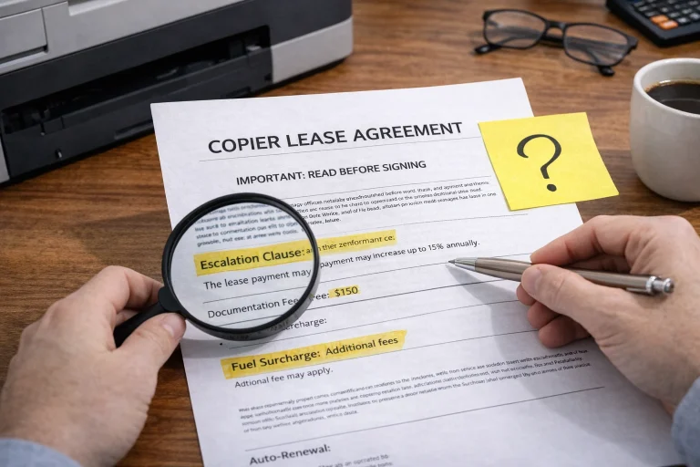 A business owner using a magnifying glass to inspect the fine print of Los Angeles Copier Lease Agreements.