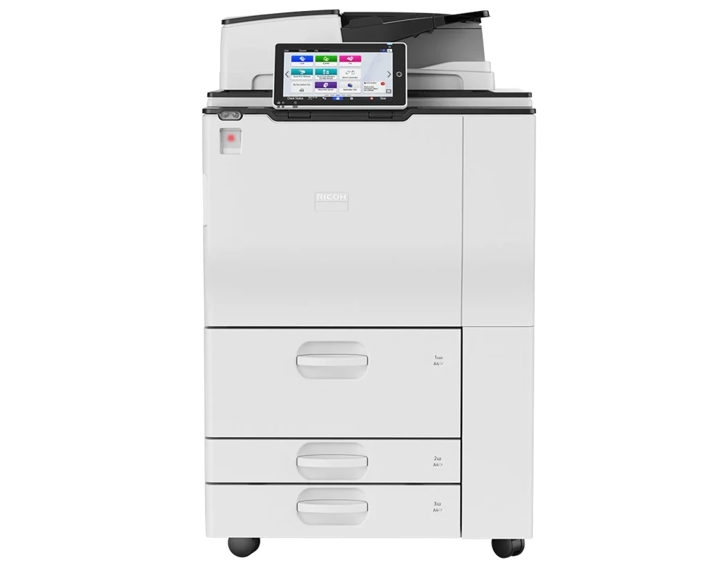 A high-capacity Ricoh multi-function printer available for lease and short-term rental in a Los Angeles corporate office.