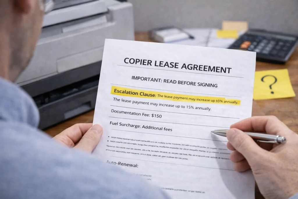 Person reviewing the "Important: Read Before Signing" section of Los Angeles Copier Lease Agreements.
