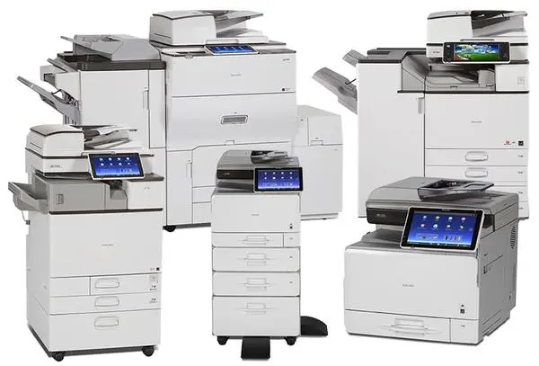 A diverse fleet of Ricoh and Sharp multi-function printers available for short-term lease and certified rental in Los Angeles.